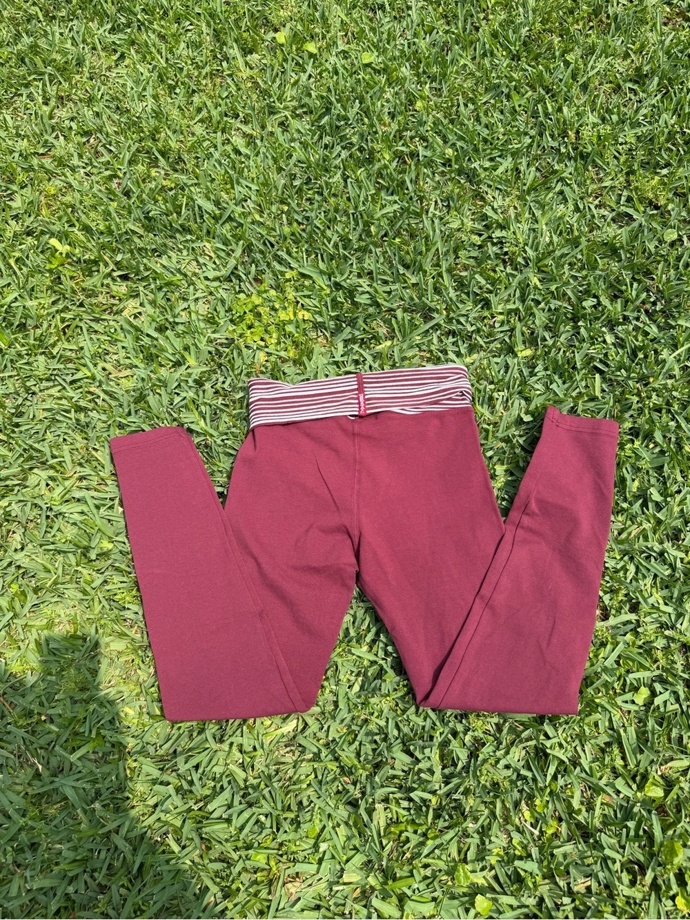 Vintage Hard Tail Forever Fold Over Yoga Leggings Burgundy Stripe Waist Size S M